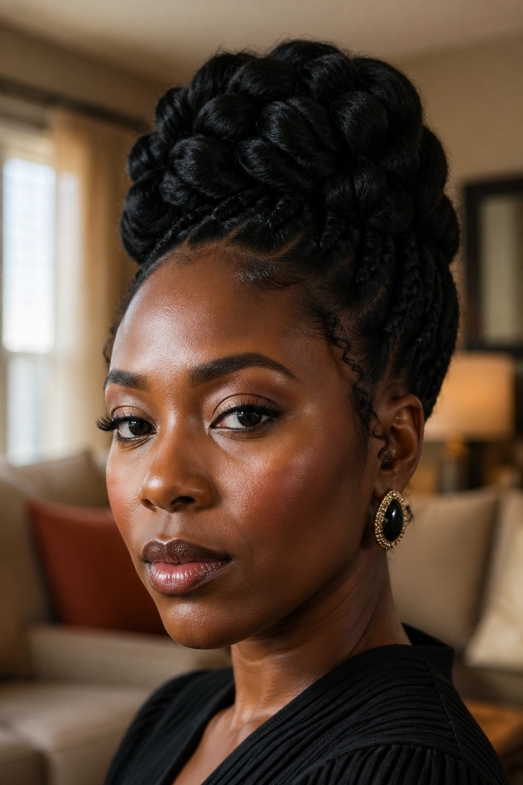 Close-up portrait of a Black woman with an updo emphasizing cultural weight of natural hair