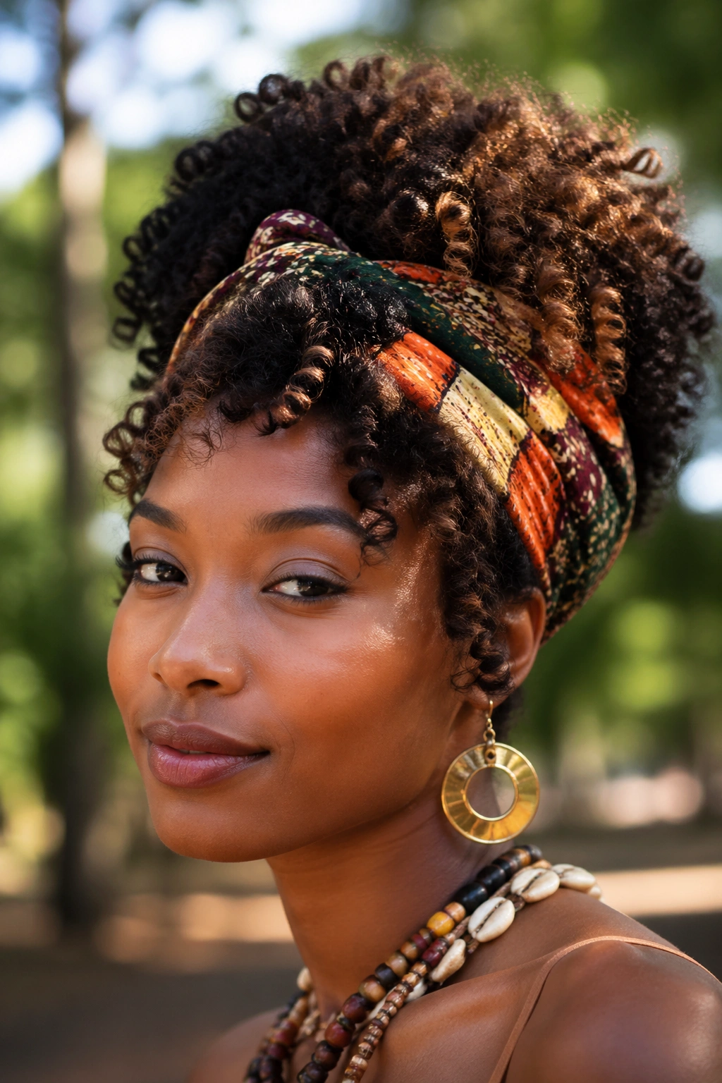 Portrait of a person wearing a headwrap with natural curls outdoors