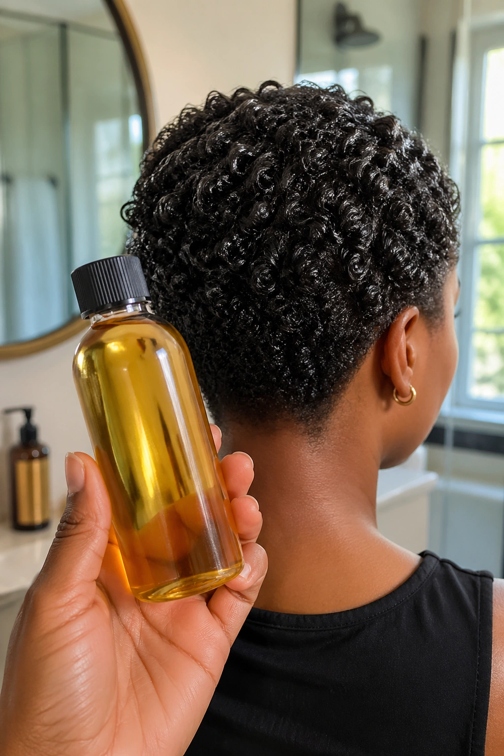 Unlabeled bottle with glossy curls in background
