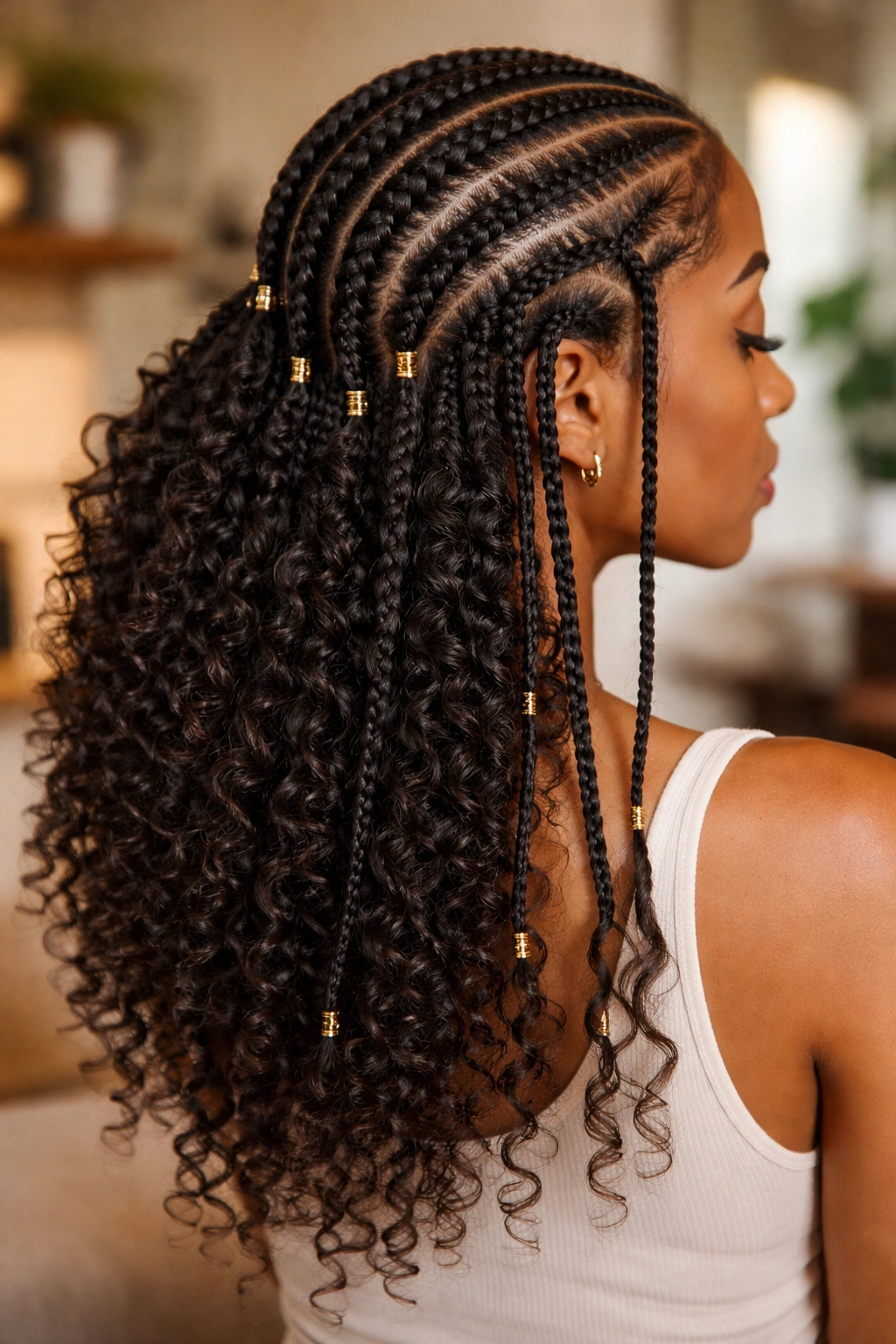 Back-side view of a woman with mixed curl and braid ends in Fulani style