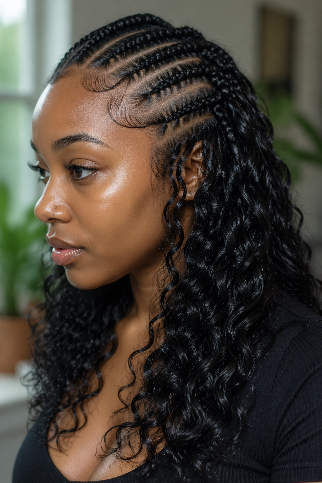 Portrait of woman with goddess cornrows transitioning into water-wave curls.