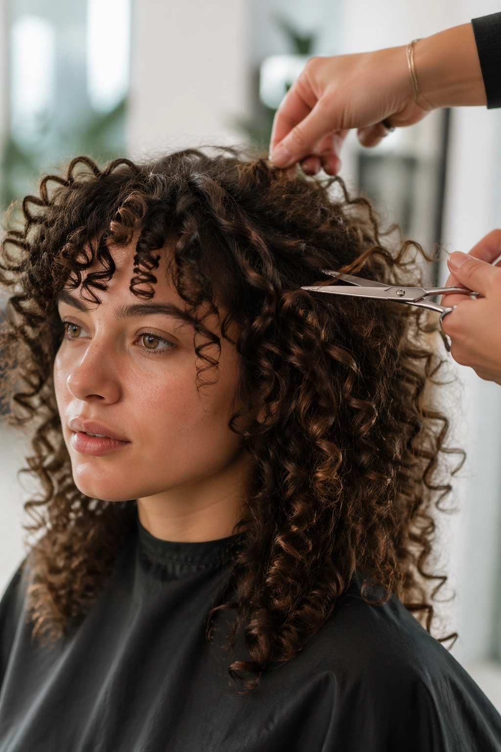 Real person with natural curls during curl-by-curl dry cut in a salon.