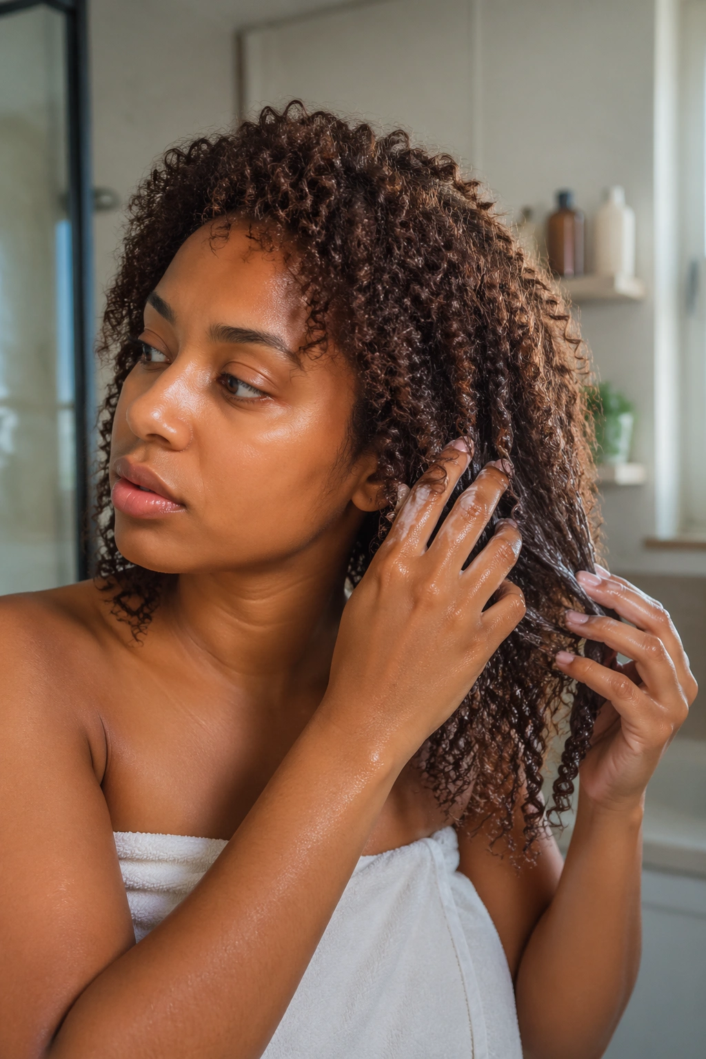 Real woman with chocolate brown curls in bathroom applying conditioner