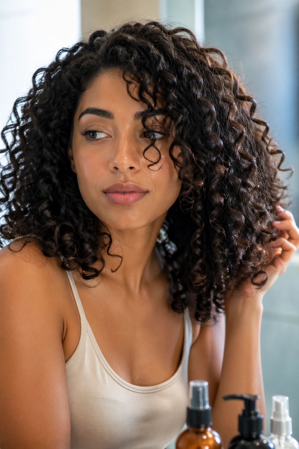 Close-up of a person with medium curly hair in a bathroom setting