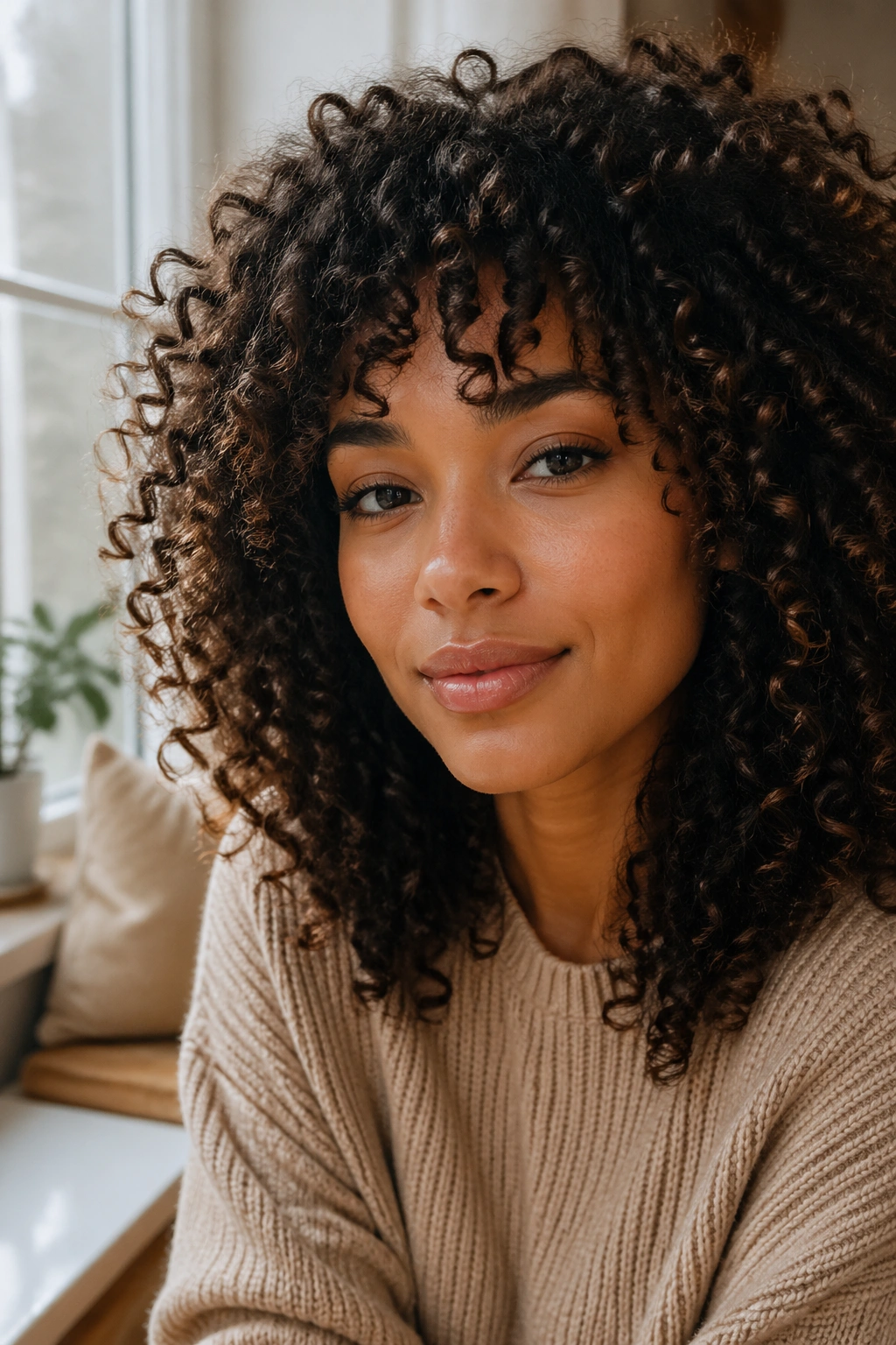 Portrait of a real person with defined curl pattern in a cozy setting