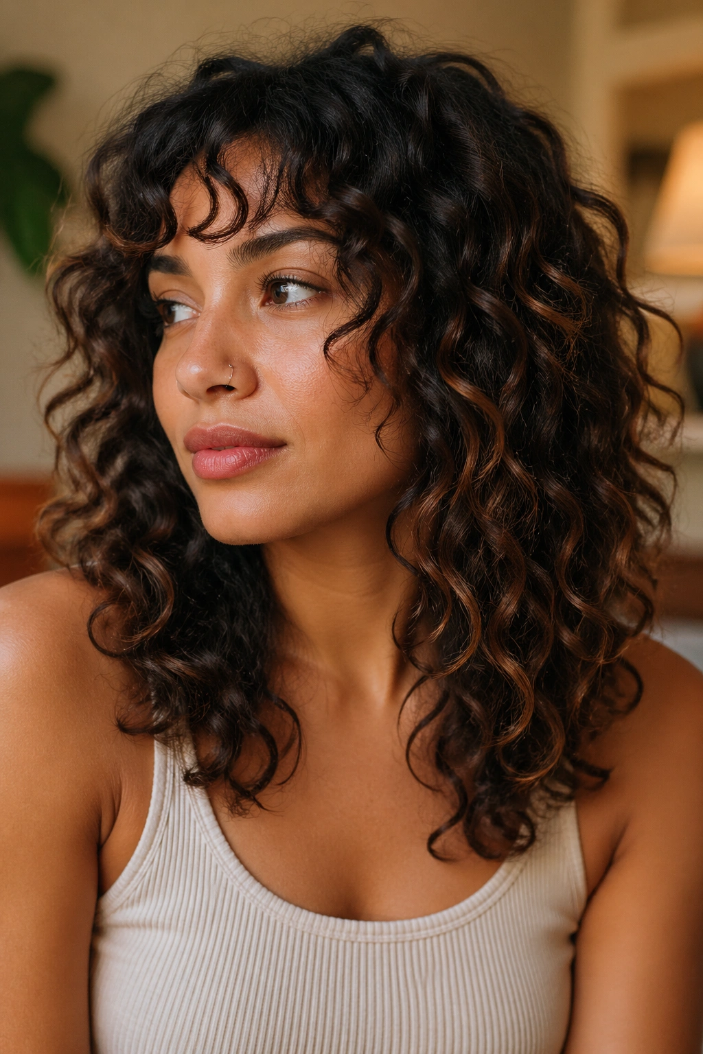 Real person with curl-converted wavy shag showing soft waves and shrinkage-aware layering