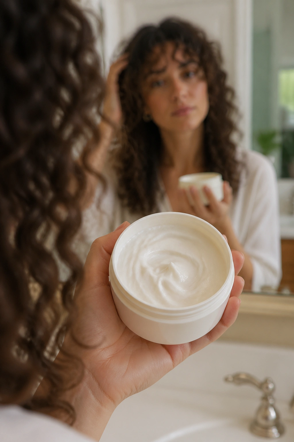 Plain jar of curl cream held in hand with curtain bangs in background