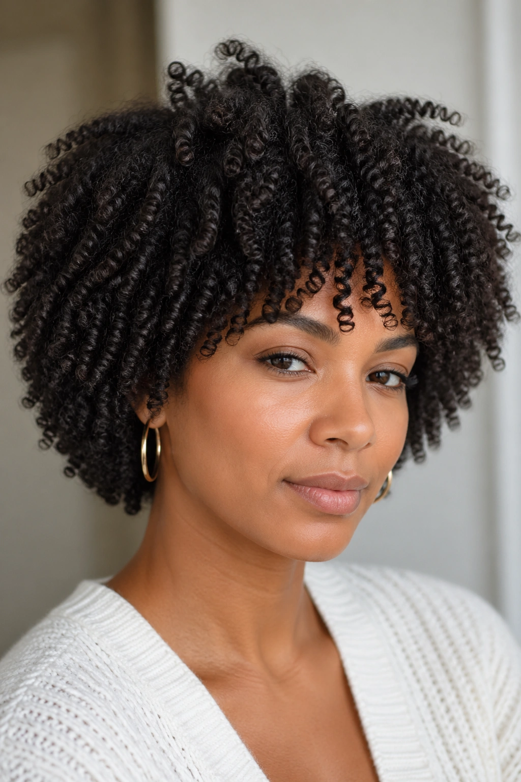 Portrait of a real person with defined curls in a home setting