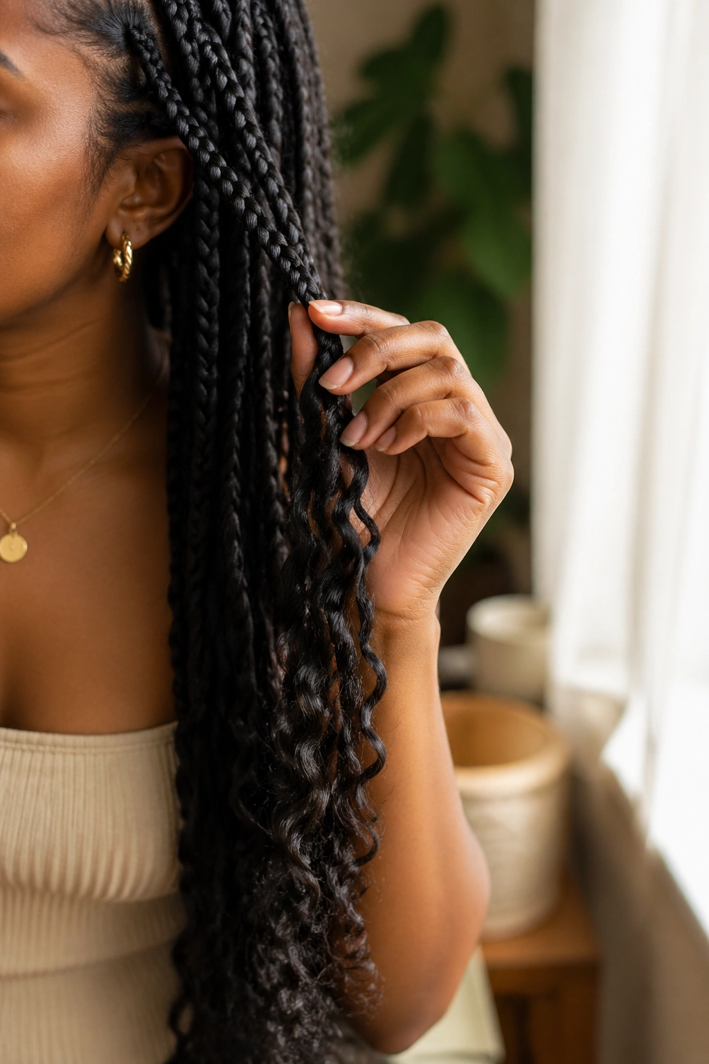Close-up of knotless braid ending with curl extension on a real person