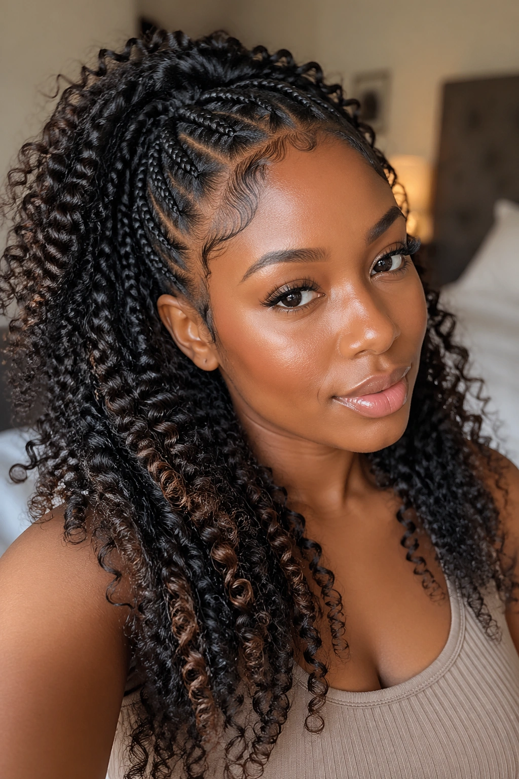 Close-up of curl extensions blended with braided hair on a real person.