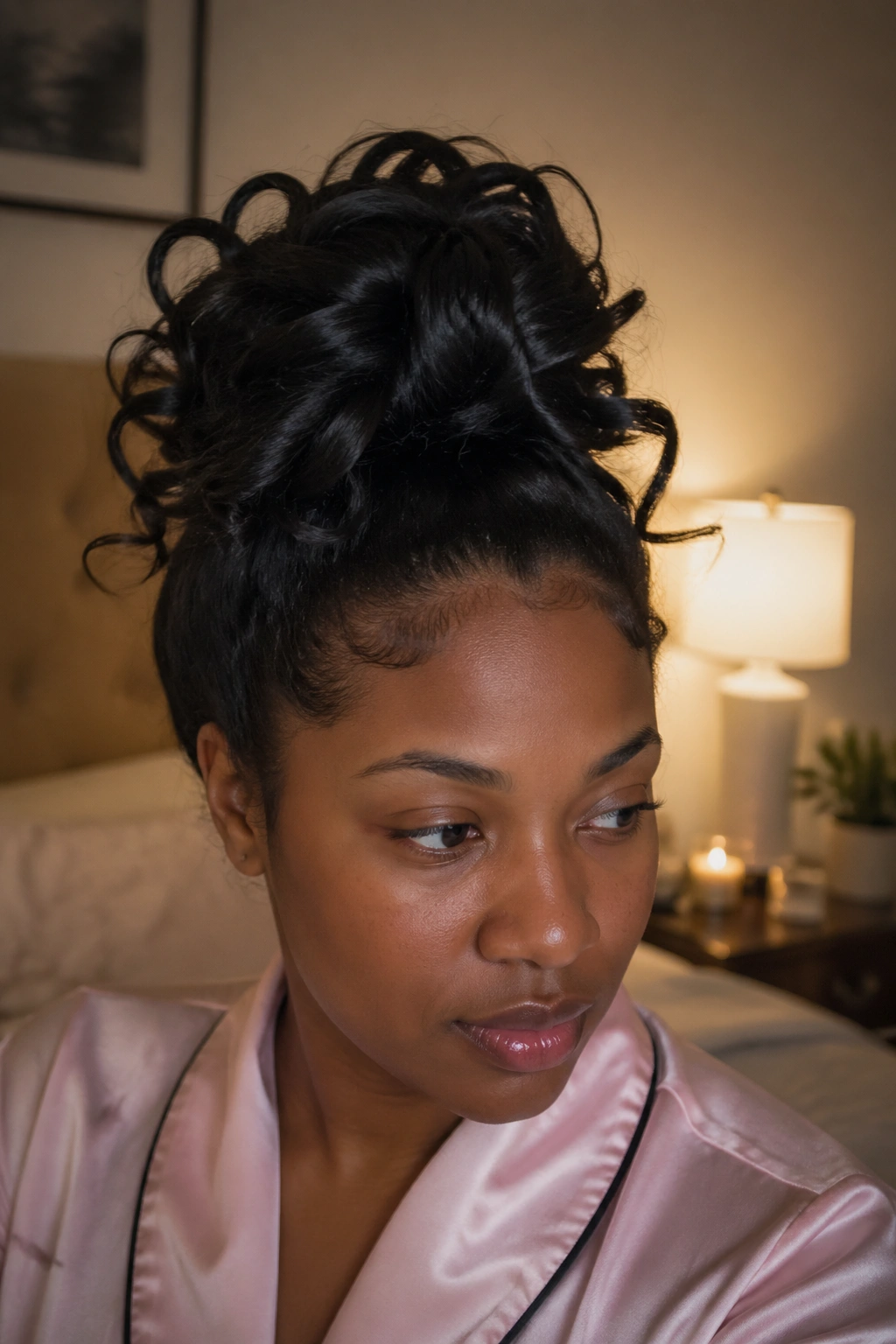 Hair gathered in a pineapple atop the head to maintain flat iron curls