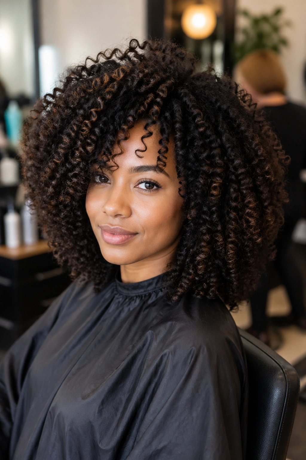 Portrait in salon chair showing a real person with curly medium-length hair