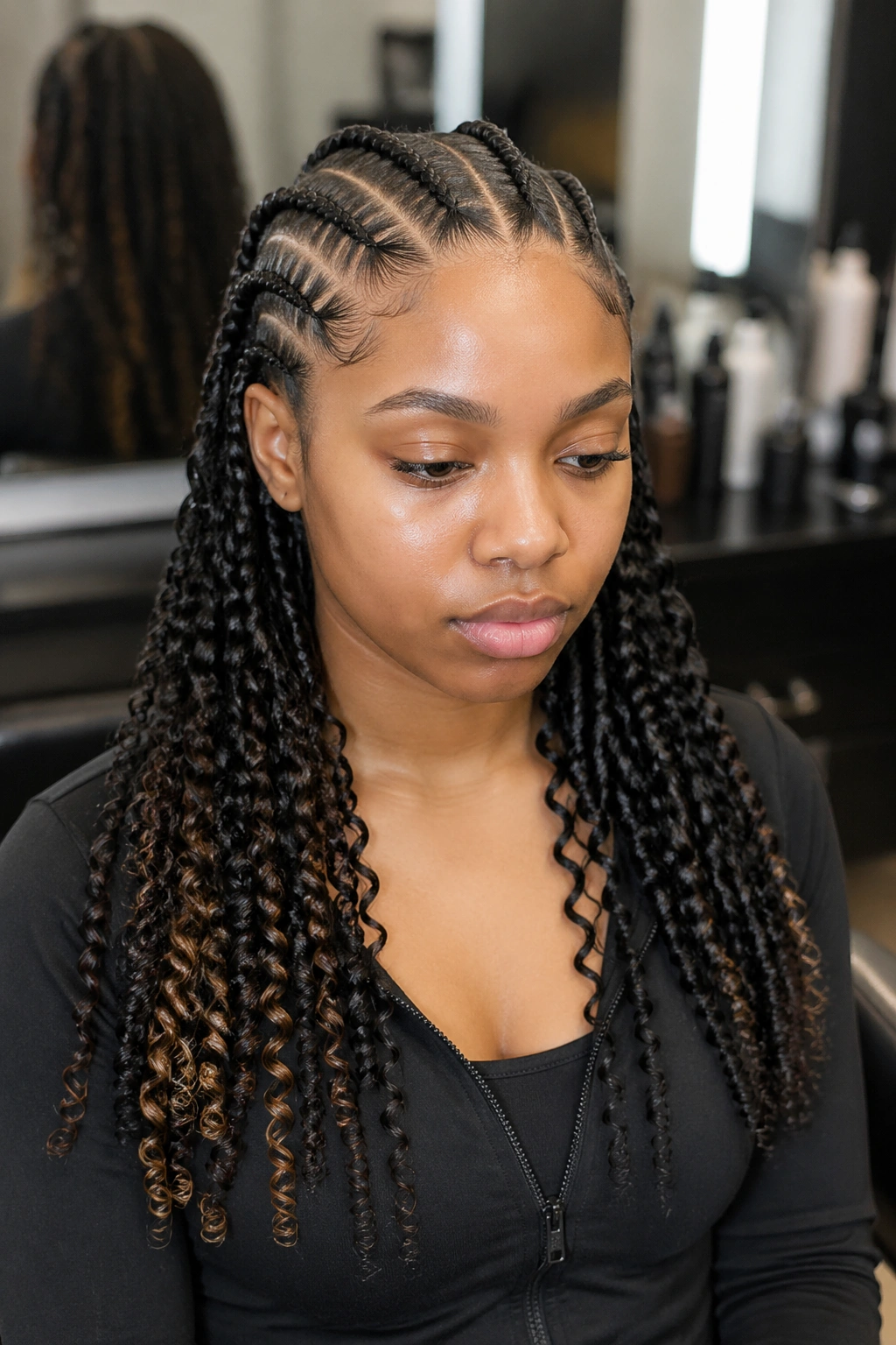 Real person in salon showing different curl textures at ends for curl method choices