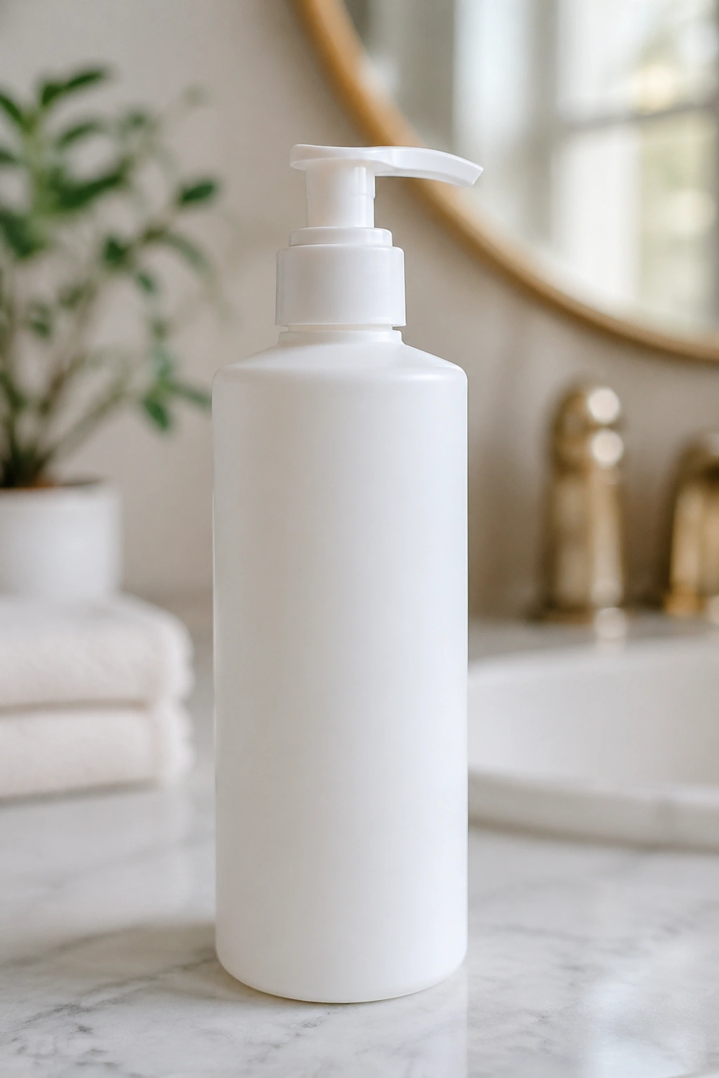 Plain white curl milk bottle on a bathroom counter.