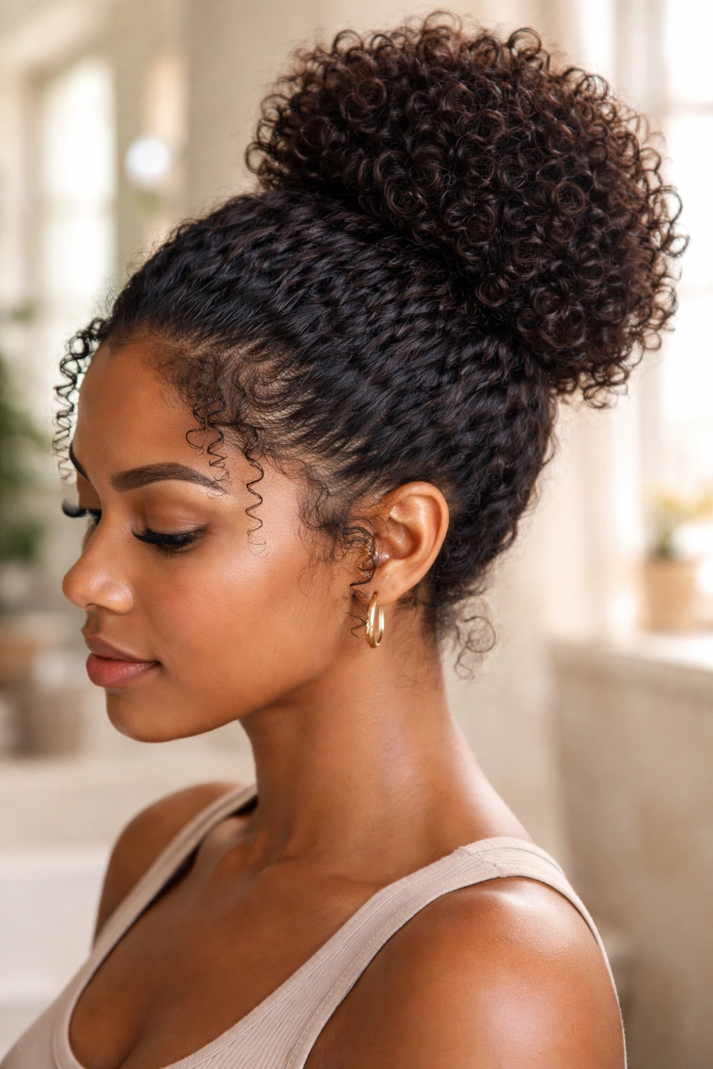 Close-up of a real woman with a bun and visible curl patterns around the hairline