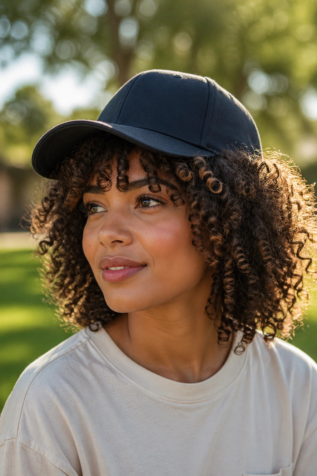 Portrait of a person with thick curls wearing a deep crown cap outdoors