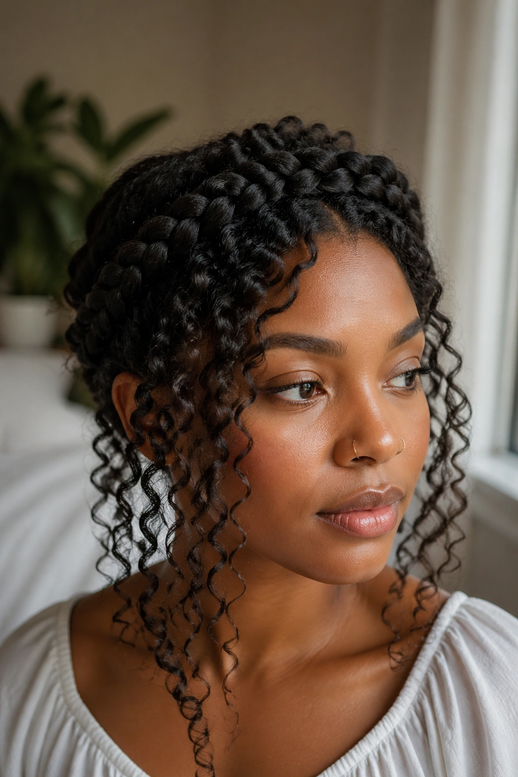 Close-up of crown braid with loose curls around the face showing curl patterns.