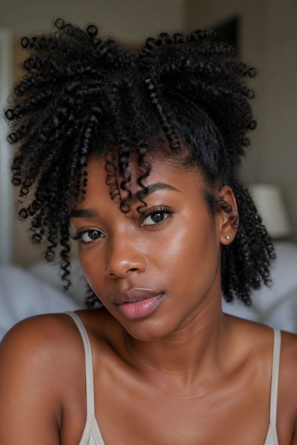 Close-up of varied curl textures on a real person's hair