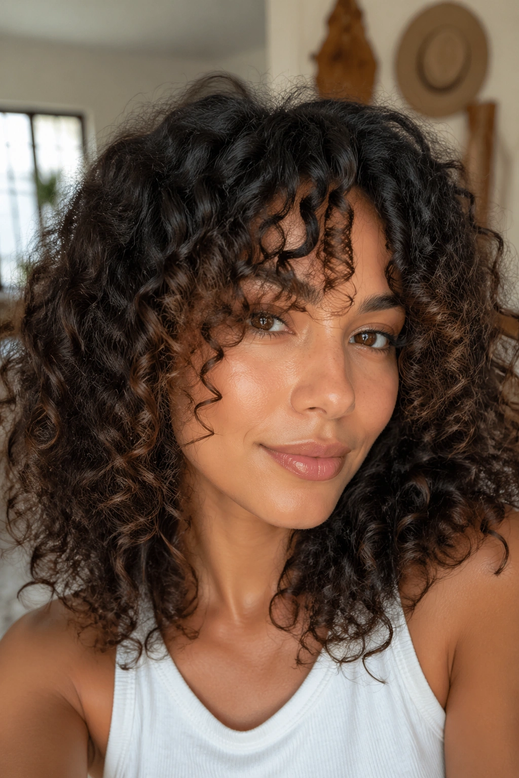 Close-up of curtain bangs showing curl pattern variation on a real person