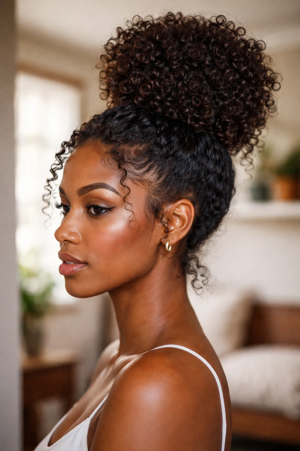 Close-up of a real woman with a high bun showing curl definition around the base