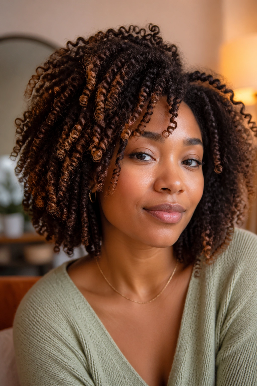 Close-up portrait showing defined curl pattern on a real person in natural light.
