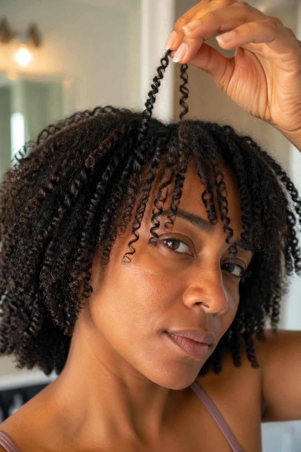 Person examining curl pattern in bathroom