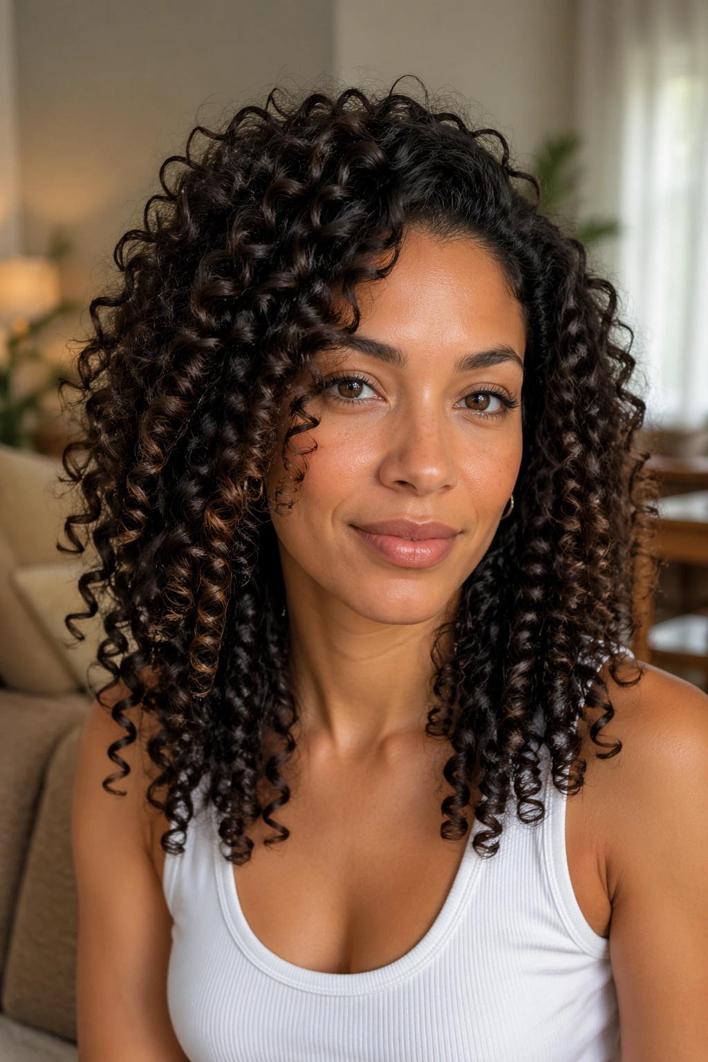 Close-up of a real person showing defined curly patterns on their hair.