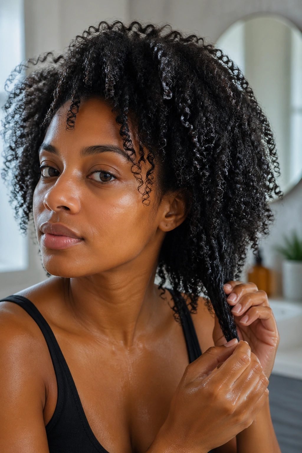 Close-up of a Black woman's hair showing porosity cues with moisture and shine