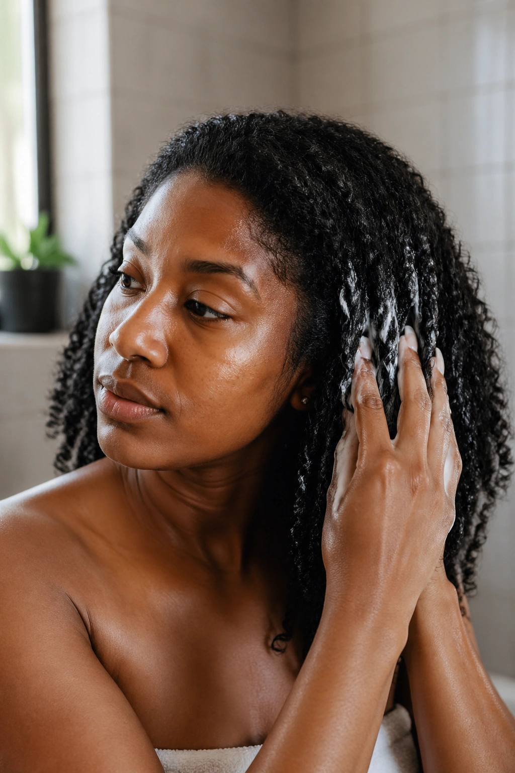 Person applying deep conditioning to natural curls in bathroom