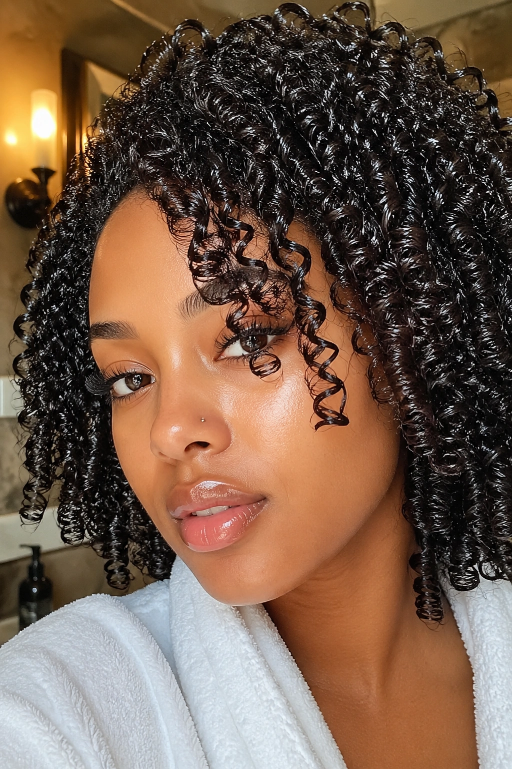 Real person with glossy, product-weighted curls filling the frame