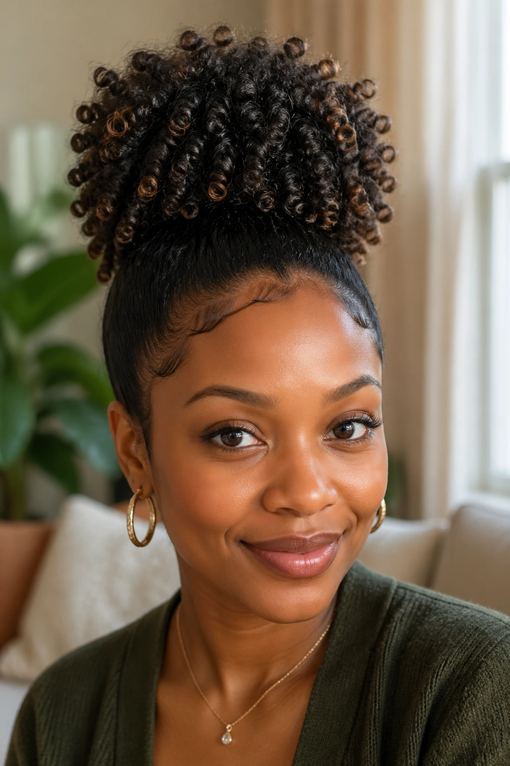 Close-up of a real woman with a high juicy curl puff