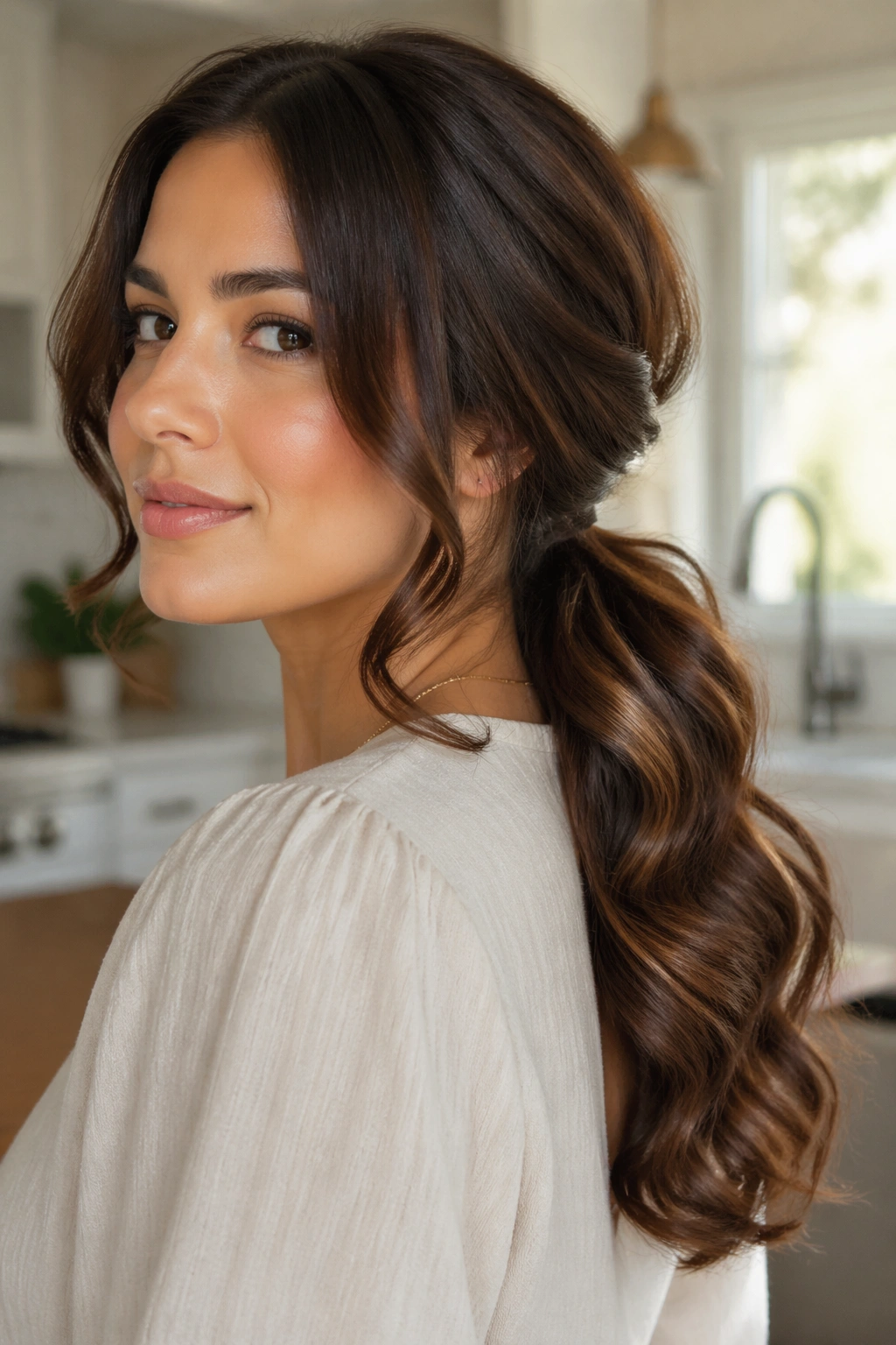 Close-up of a real woman with a curl-set low ponytail and glossy ends