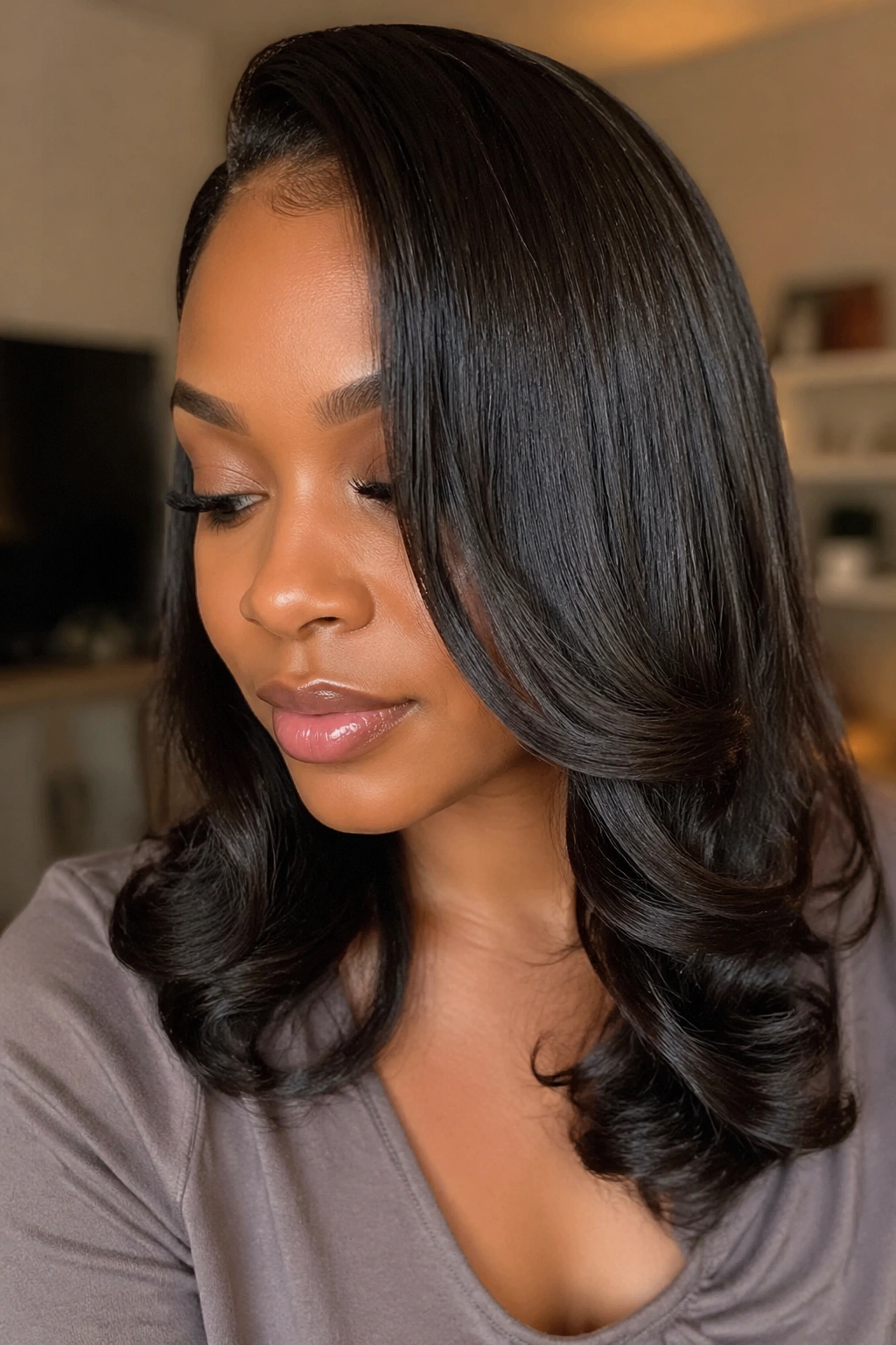 Woman with silk-pressed hair featuring medium curls at the ends