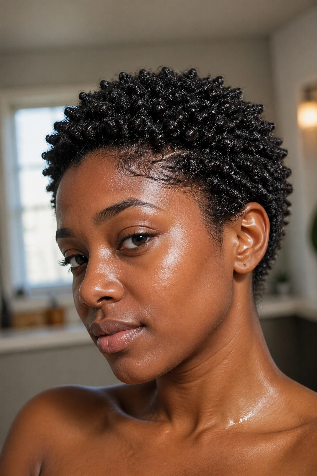 Close-up of a real person with curl sponge texture on damp 4C hair