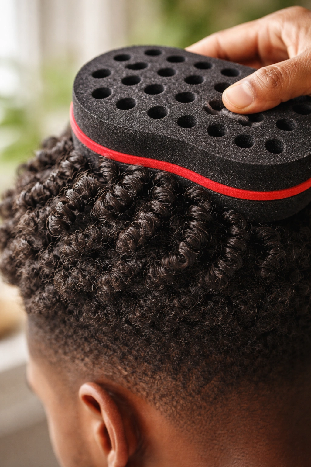 Close-up of curl sponge twisting natural hair to form coils