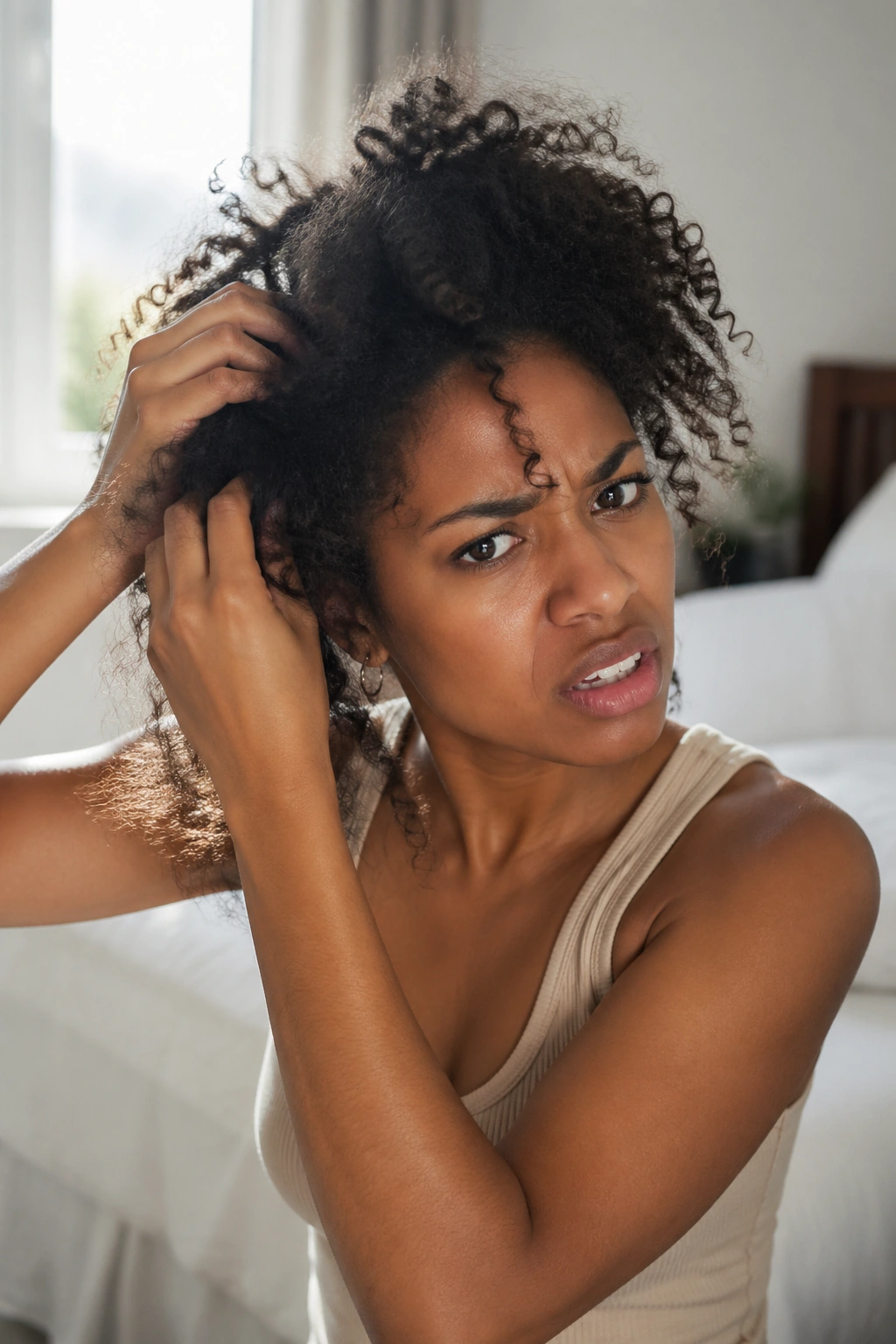 Close-up of a real woman with curly hair showing a rushed styling moment