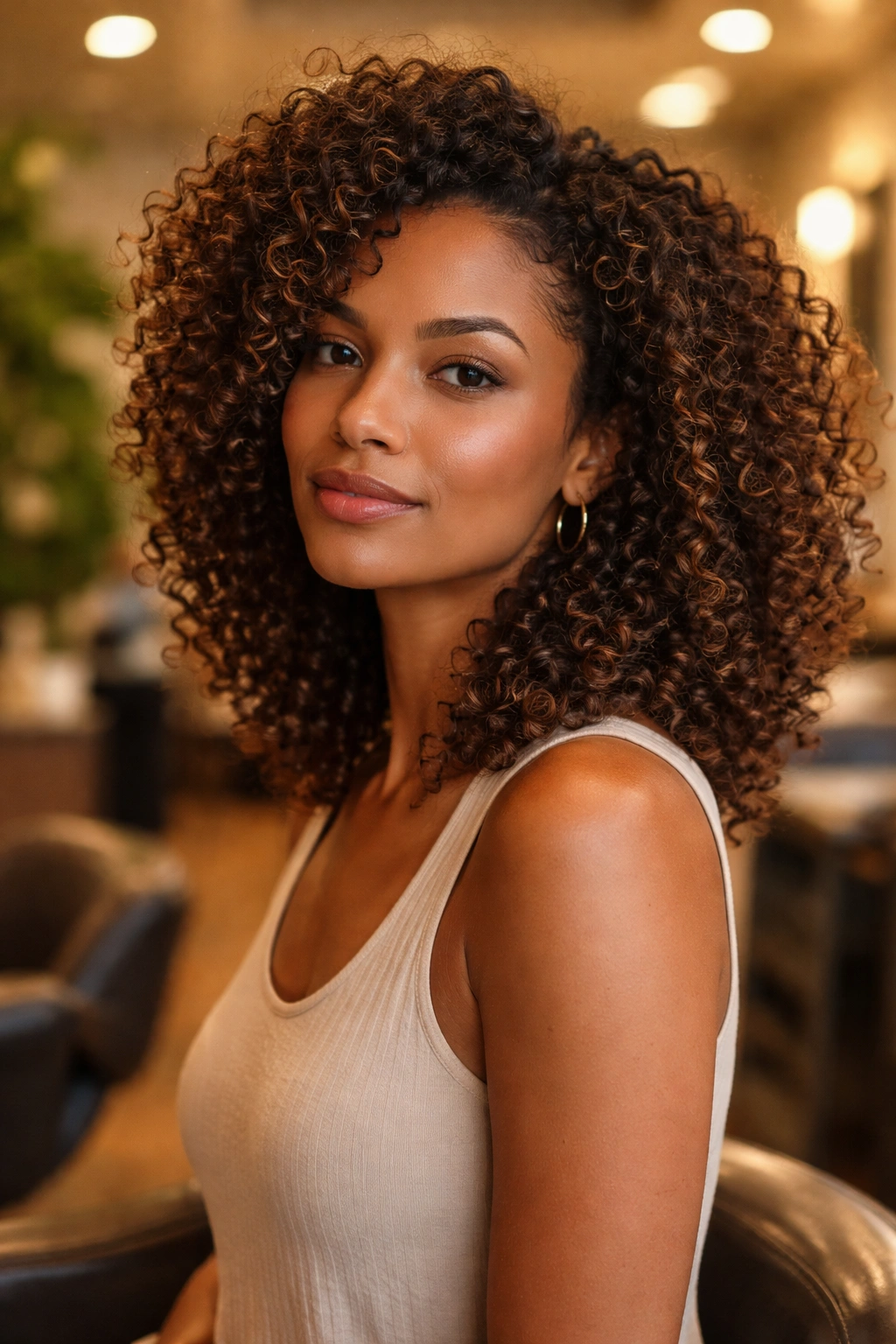 Portrait of real person with curly hair in a soft salon setting