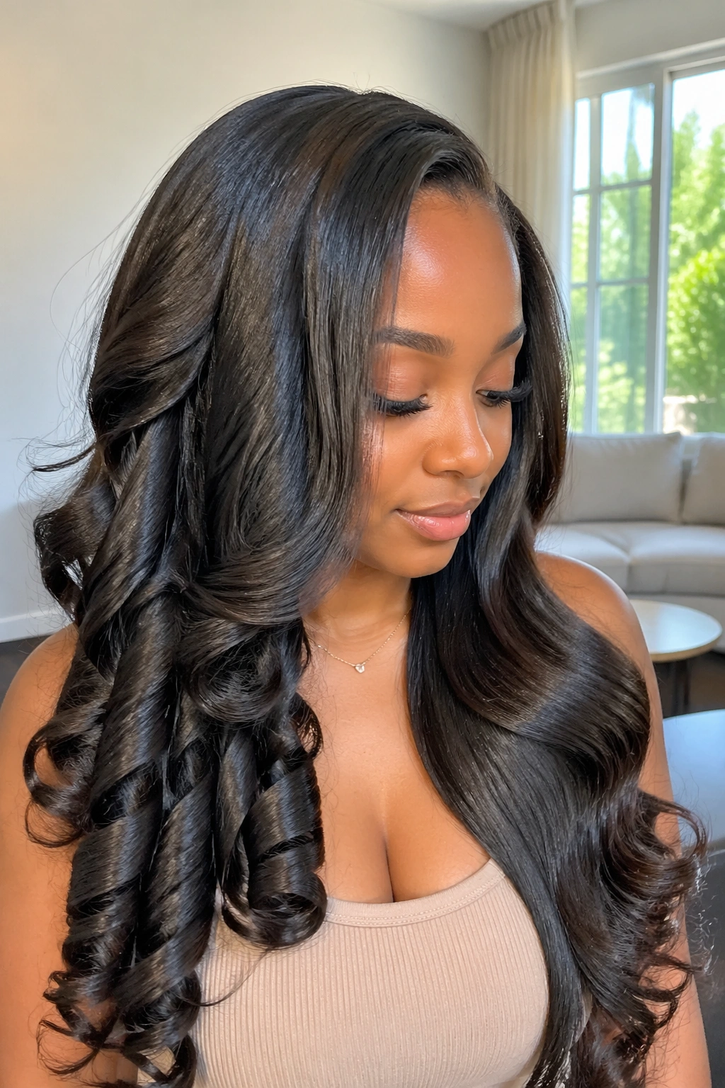 Real woman with long silk-pressed hair displaying mixed curl textures: spirals, waves, and defined curls.