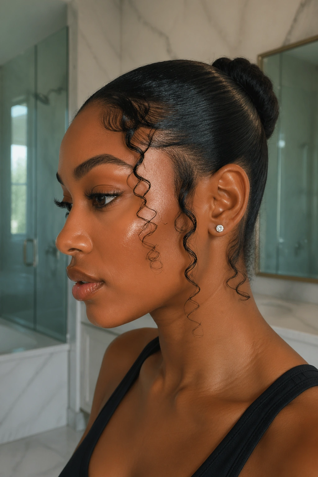 Close-up of a real woman with defined curl tendrils at temples in a sleek style.