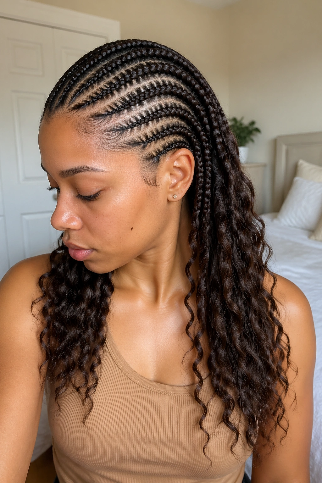 Close-up of loose wave curls at ends of cornrows on a real person