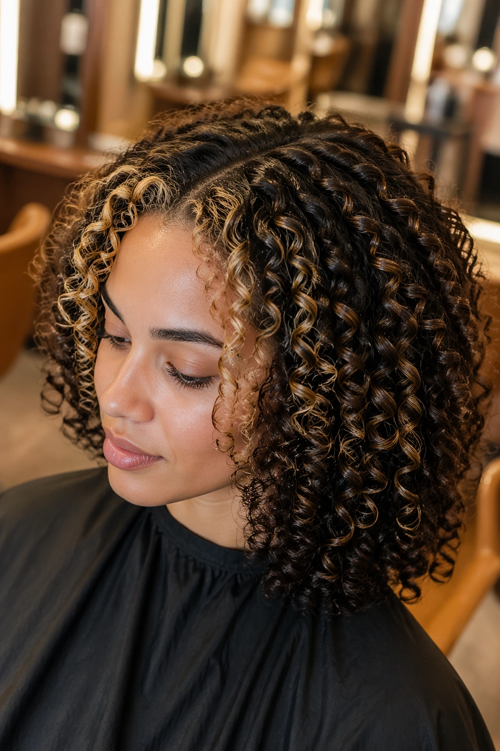 Close-up of curly hair texture with lighter money piece at the hairline