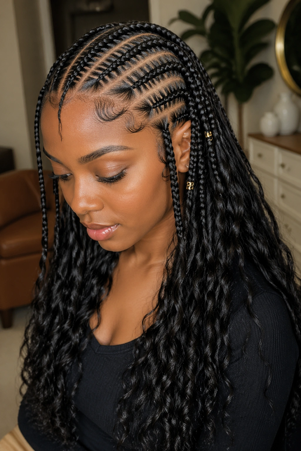 Close-up of a real woman's hair showing curl texture transition in Fulani cornrows.