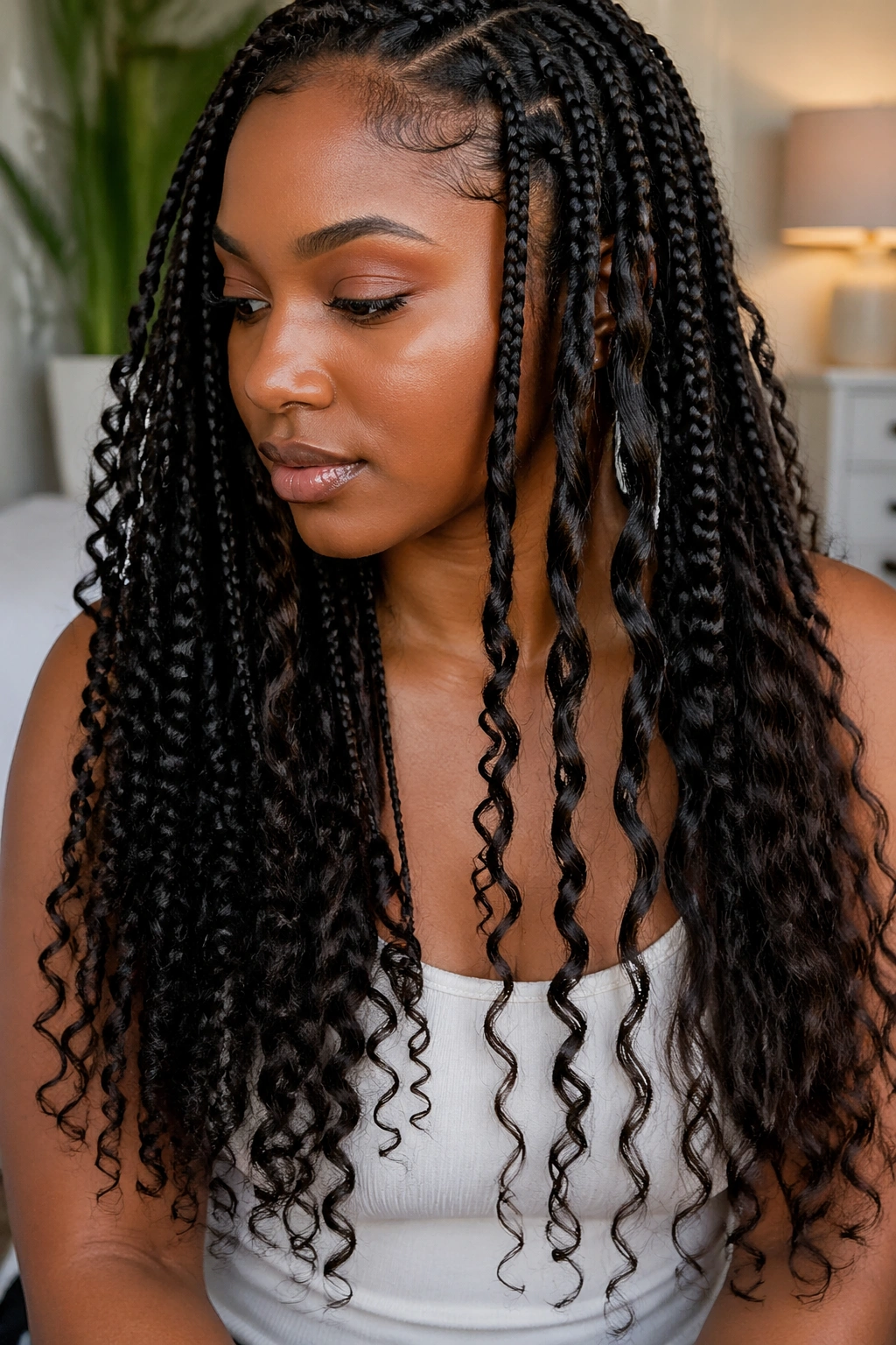Real woman's braids showing mixed curl textures at the ends.