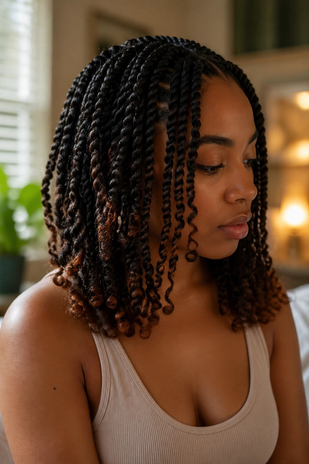 Close-up of twists showing natural curl textures at ends.