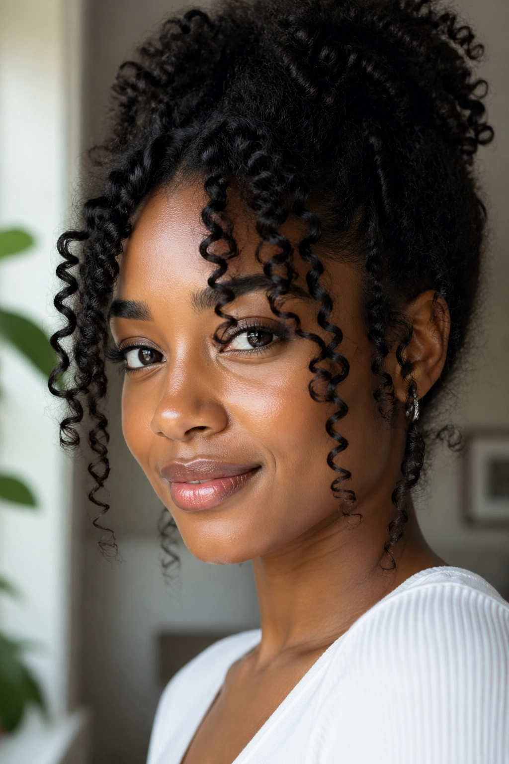 Close-up of a real person showing curl type shaping face-framing curls