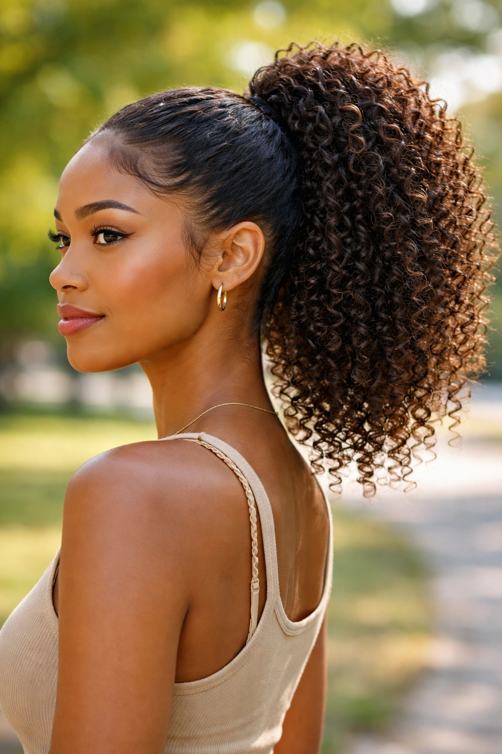 Close-up of a Black woman's ponytail showing curl texture and ringlets in daylight