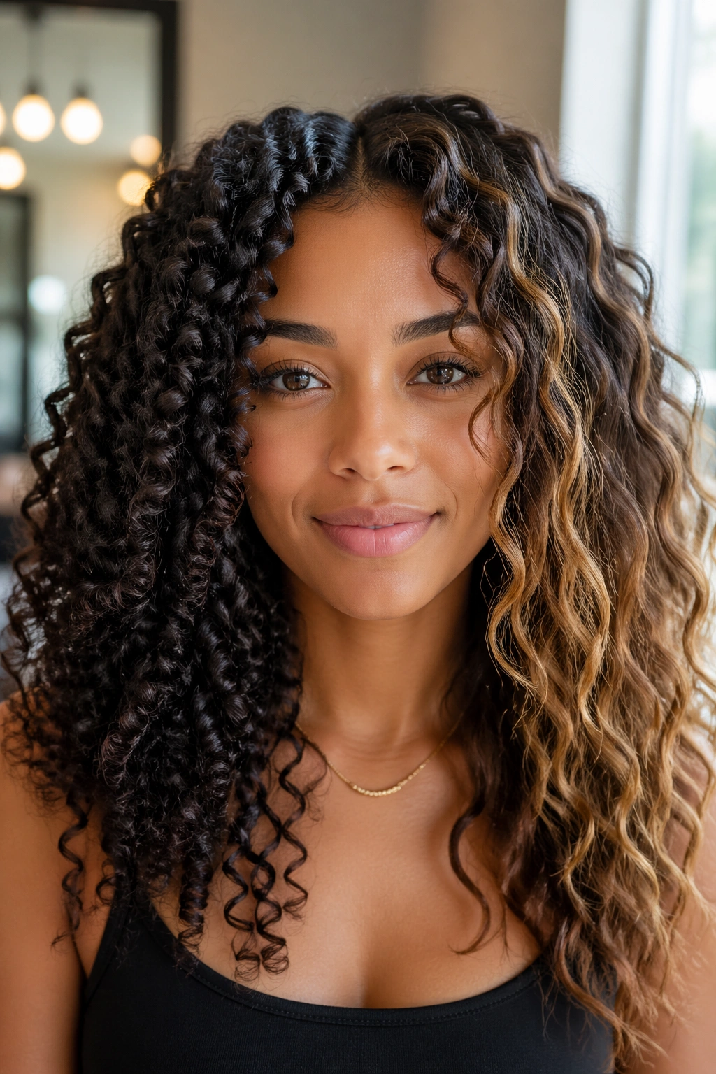 Portrait showing multiple curl textures: tight ringlets, loose curls, and beach waves