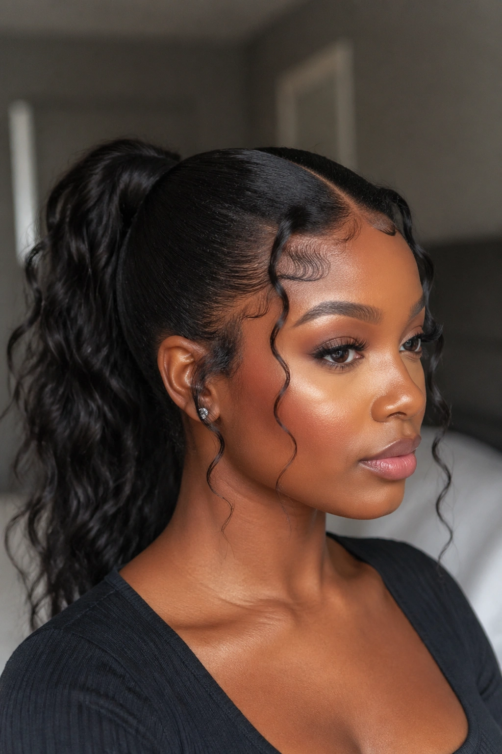 Close-up of a real woman with curled baby hairs and tendrils around a centered ponytail
