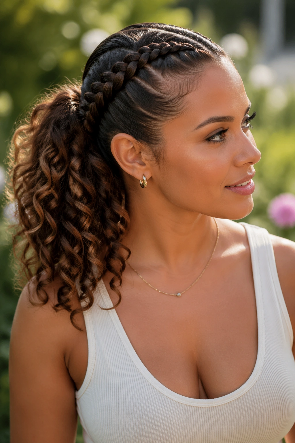 Close-up of a real woman with Curled Side Stitch Braid Ponytail, with a curly textured ponytail.