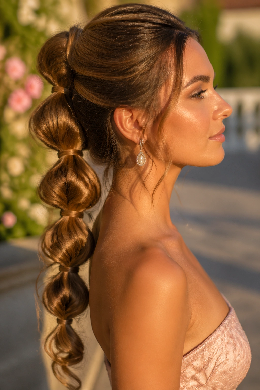 Close-up of curled bubble ponytail on a real woman